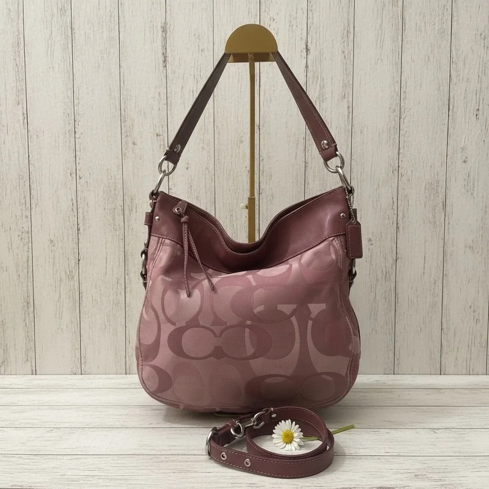 Coach Signature Satin Hobo‎ Plum Purple Leather Trim Shoulder Bag Y2K